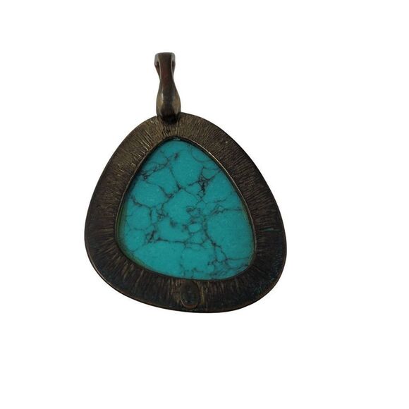 Vintage Brass Tone Cabochon Enhancer Imitation Turquoise Pendant Southwestern - Picture 2 of 8